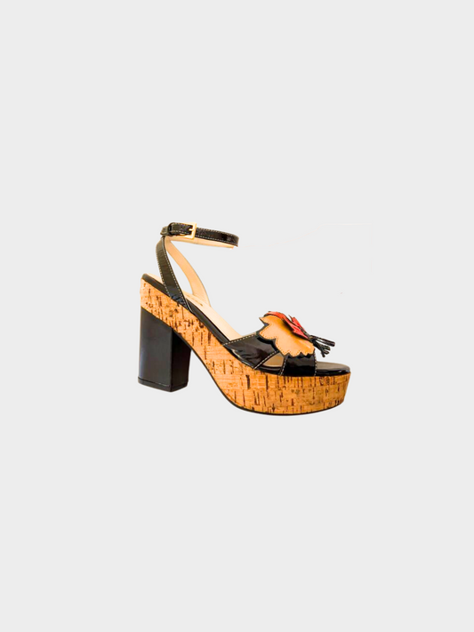 Prada 2000s Black Multicolour Paten Leather Flower Cork Wedge Heels
