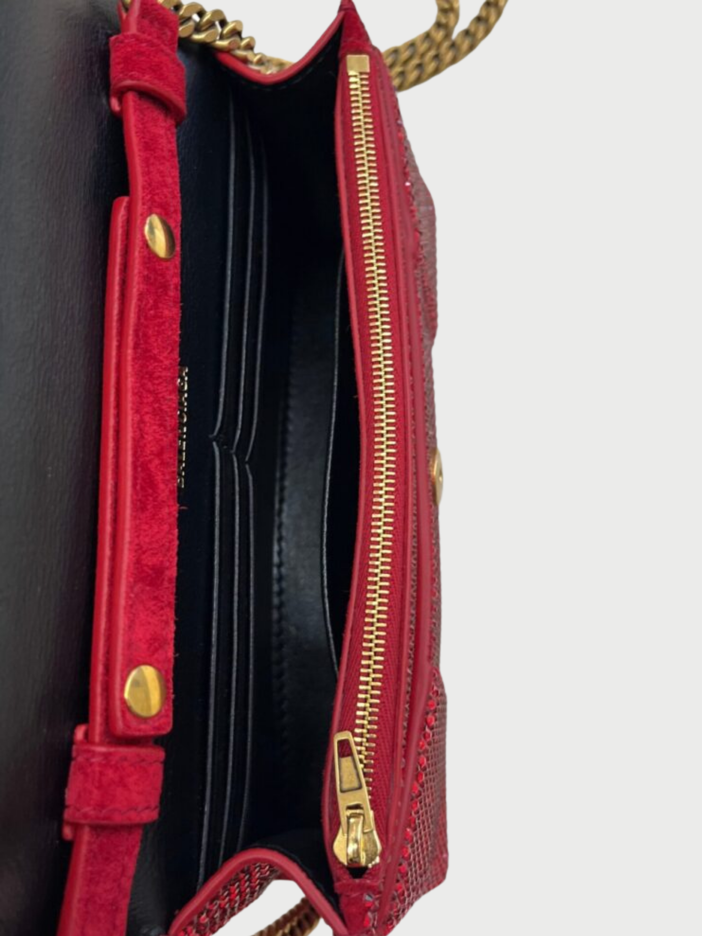 Balenciaga 2020s Red Crystal Suede Hourglass Wallet on Chain