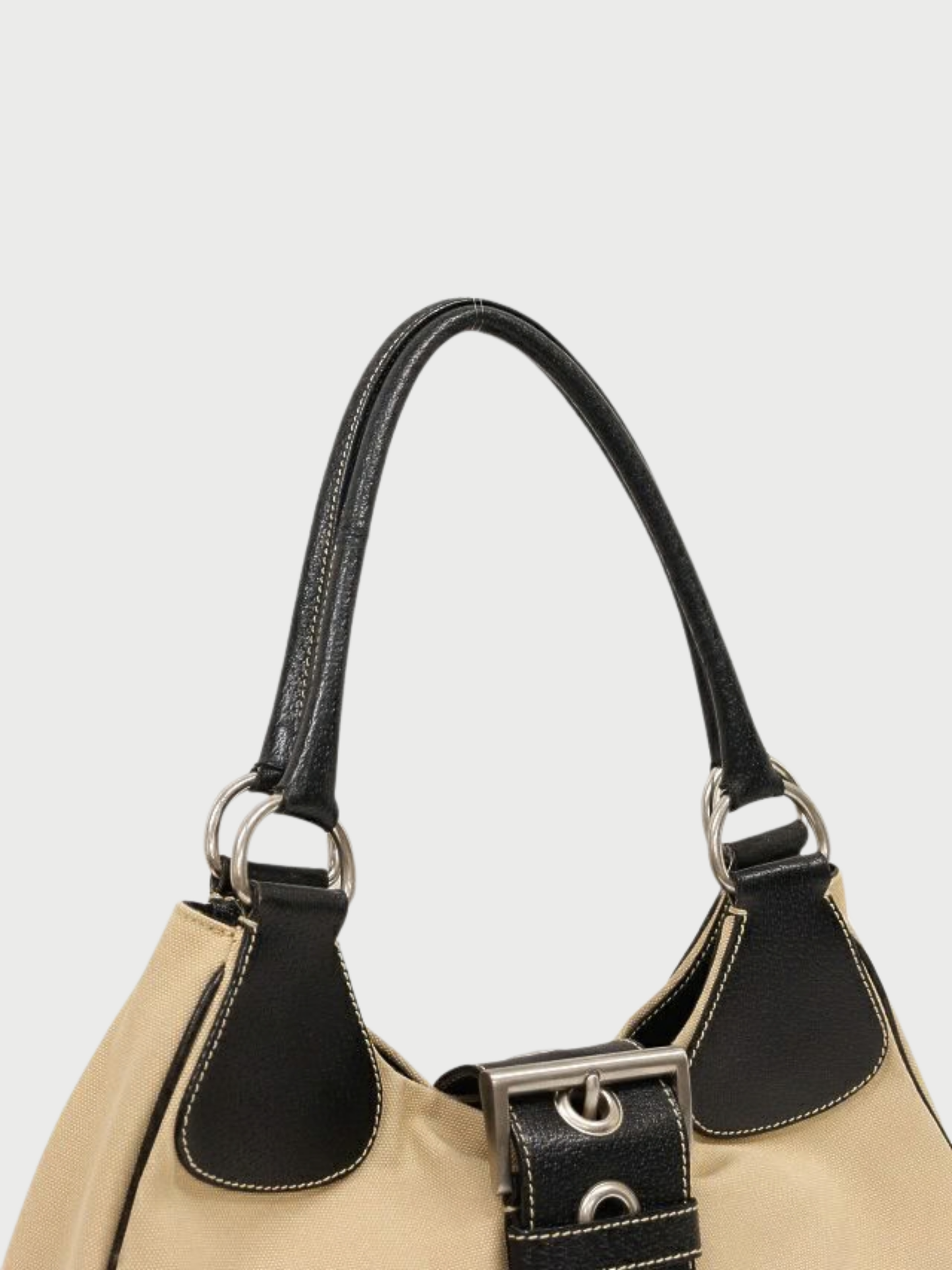 Prada 2000s Beige Black Triangle Logo Canvas Leather Handbag