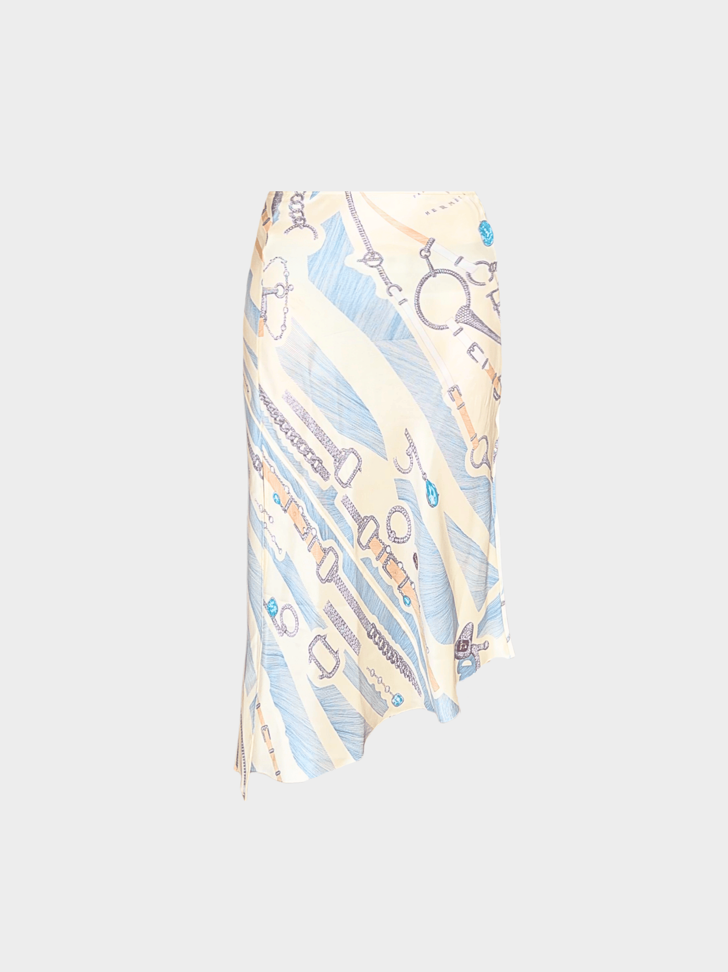 Hermes 2000s Cream and Baby Blue Graphic Silk Skirt