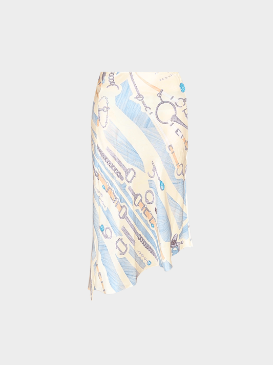 Hermes 2000s Cream and Baby Blue Graphic Silk Skirt