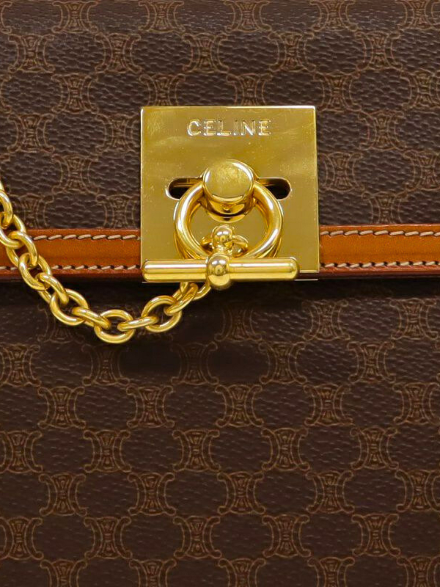 Celine 1990s Brown Macadam PVC and Leather Gancini Hardware Handbag