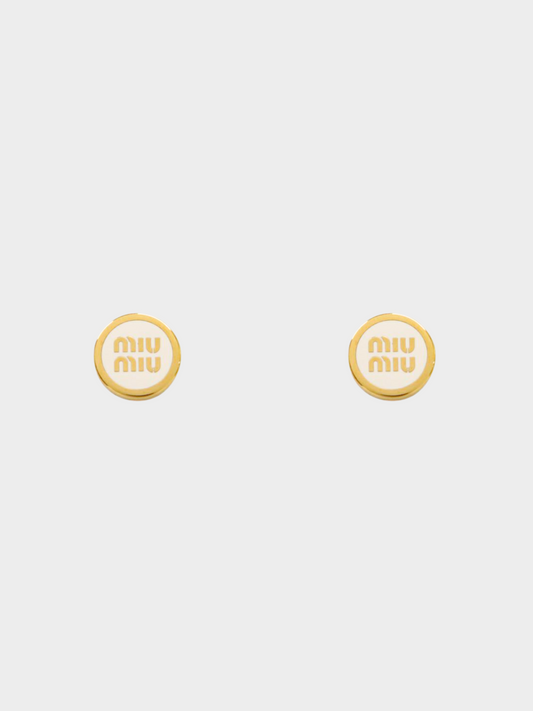 Miu Miu 2020s Gold Enamel Logo Metal Stud Earrings