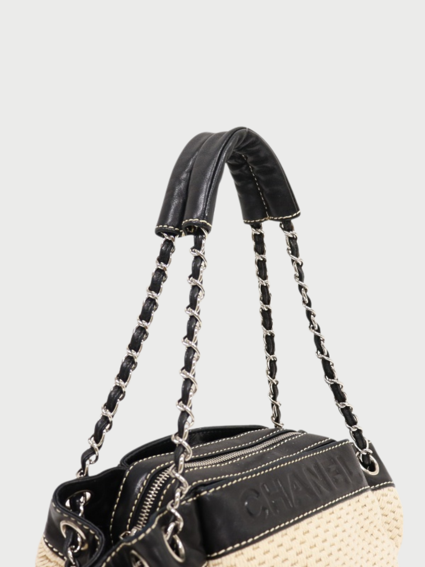 Chanel 2004 Black Ivory Cotton Leather Chain Shoulder Bag