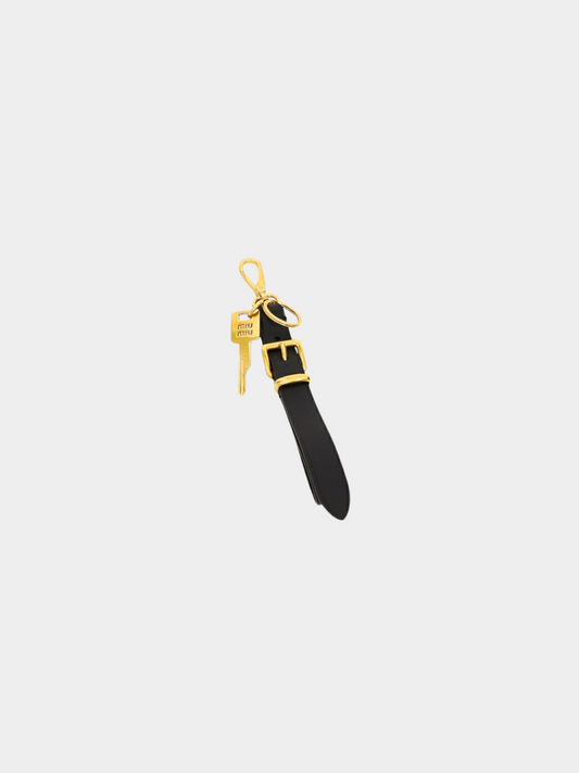 Miu Miu 2010s Black Leather and Gold Buckle Keychain Charm