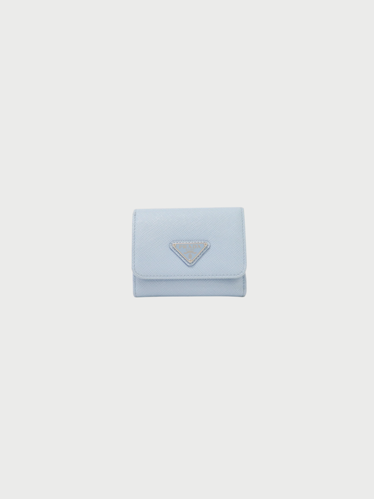 Prada 2020s Light Blue Saffiano Leather Triangle Logo Wallet