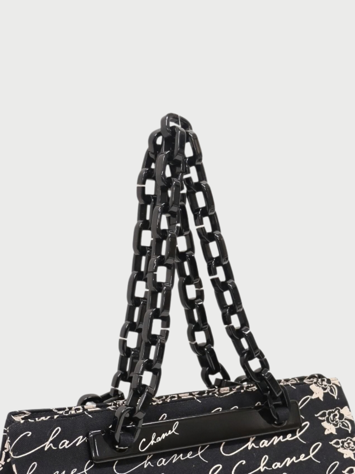 Chanel 2005 Black Beige Canvas Plastic Chain Handbag