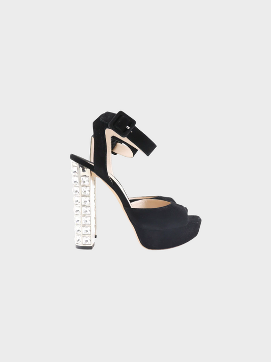 Miu Miu 2010s Black Suede Rhinestone Heels