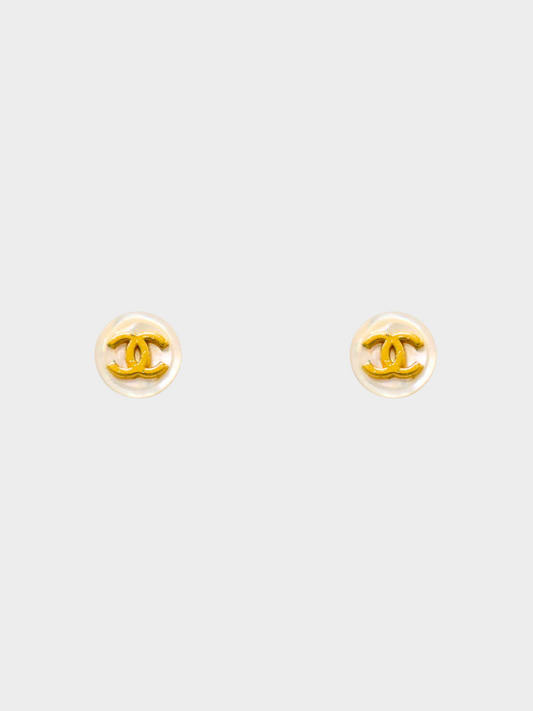 Chanel 2010s Ivory Shell Pearl Gold CC Stud Earrings