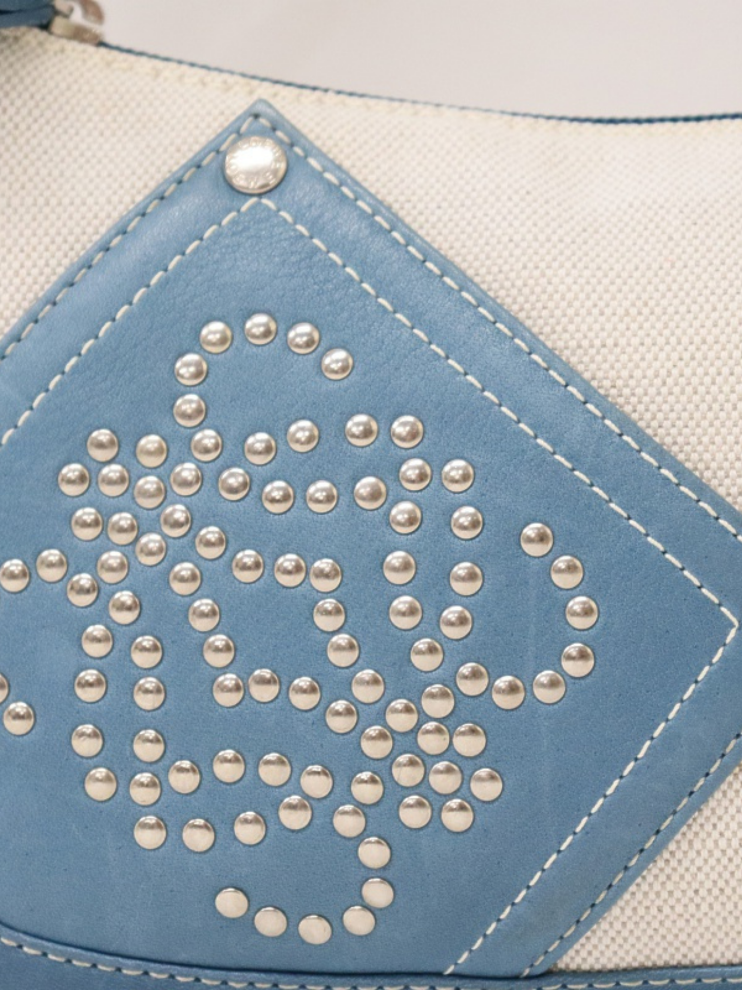 Loewe 2000s White Blue Canvas Leather Anagram Studded Shoulder Bag