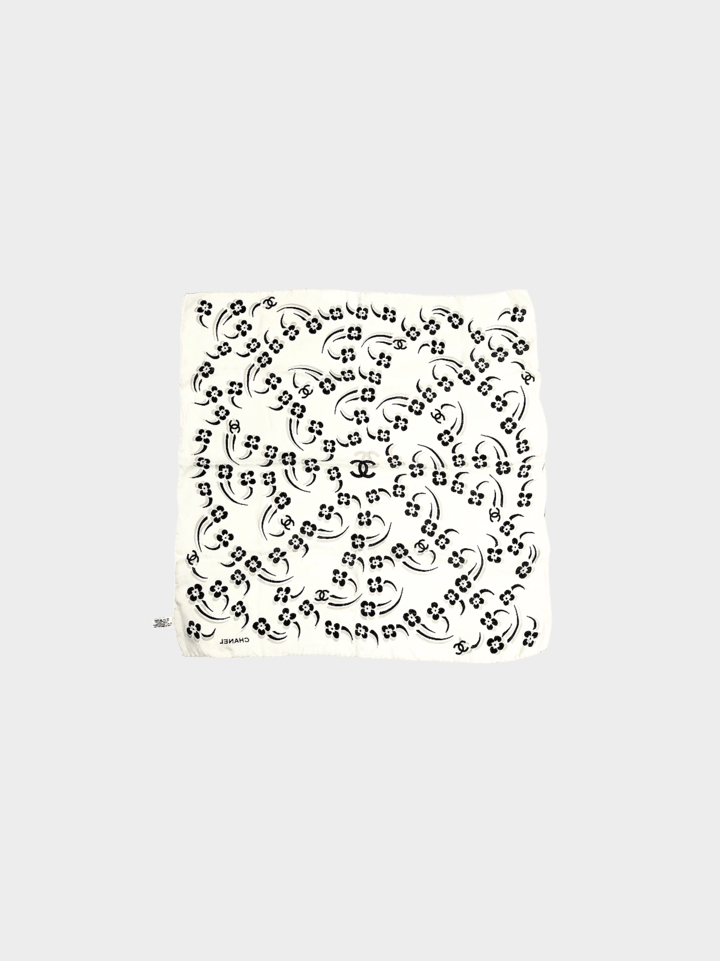 Chanel 2000s Beige Floral Print CC Silk Scarf