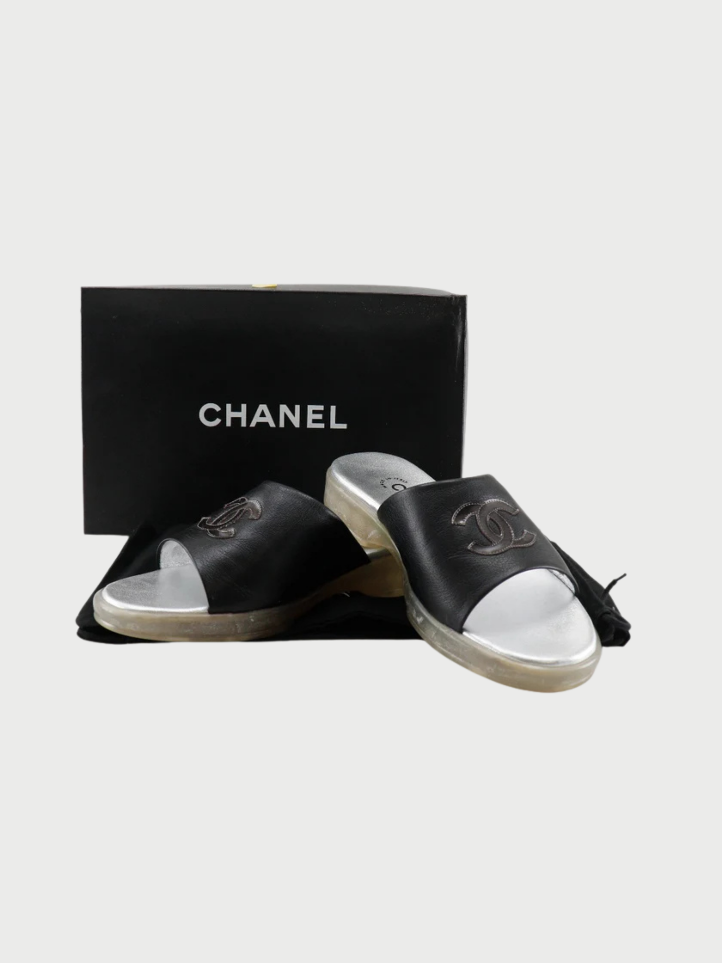 Chanel 2005 Coco Mark Black Strap Sandal Flats