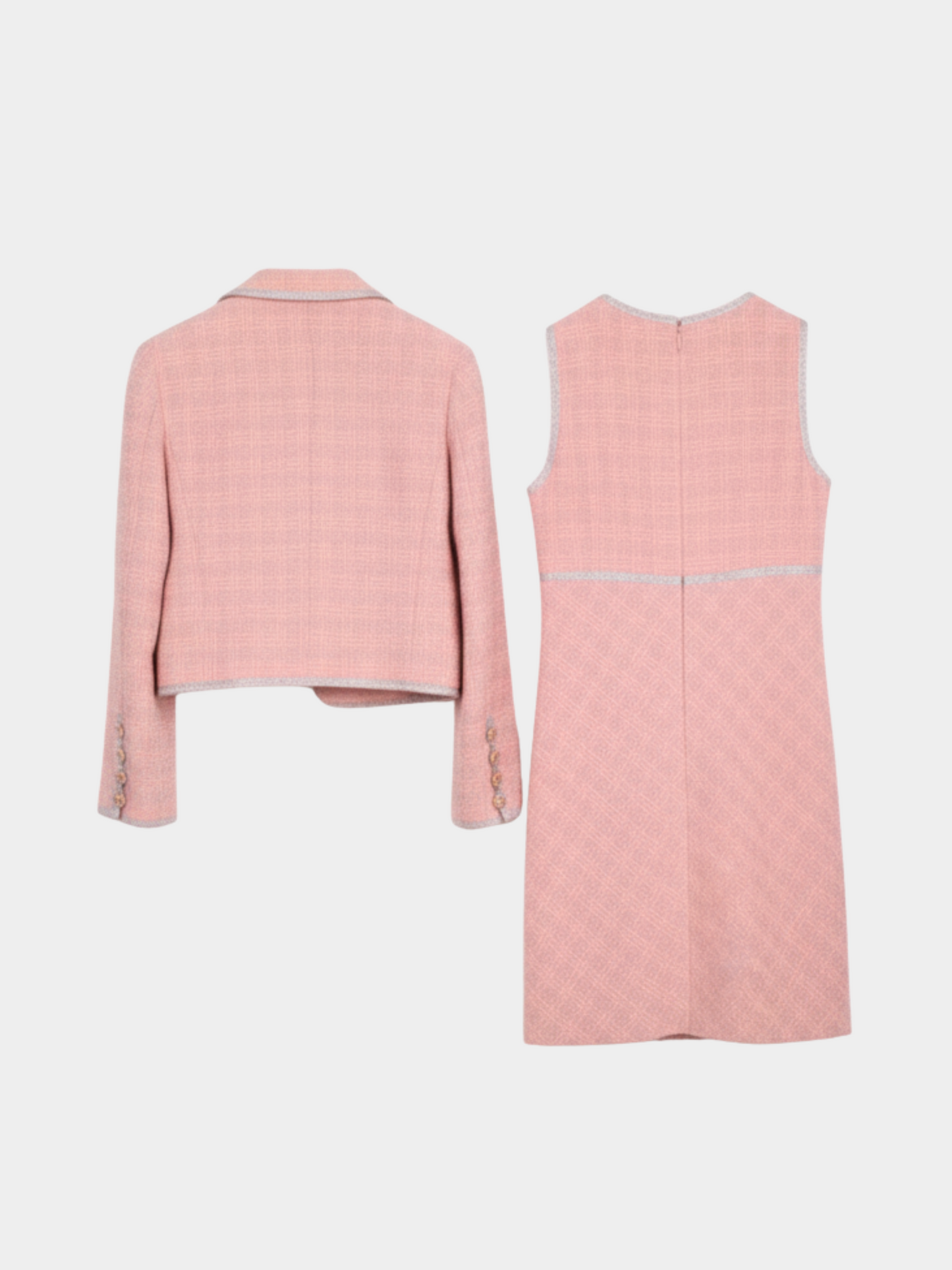 Chanel 1990s Cherry Blossom Pink Tweed Four-Pocket Jacket & Dress Set