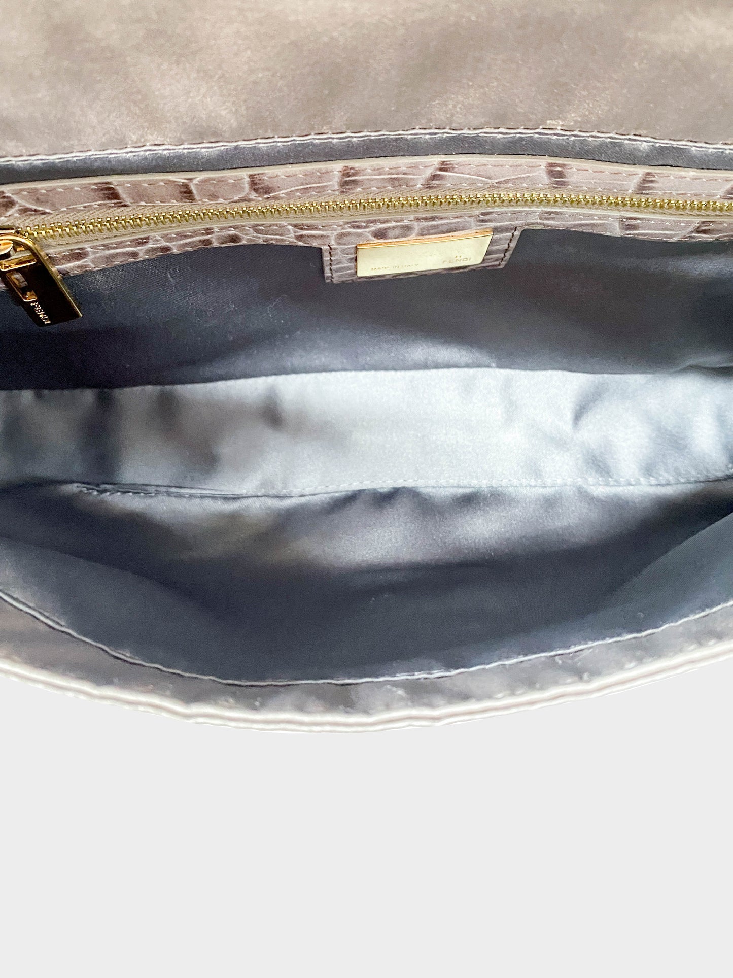 Fendi 2000s Smoke Beige Satin and Croc Leather Baguette with Rhinestones