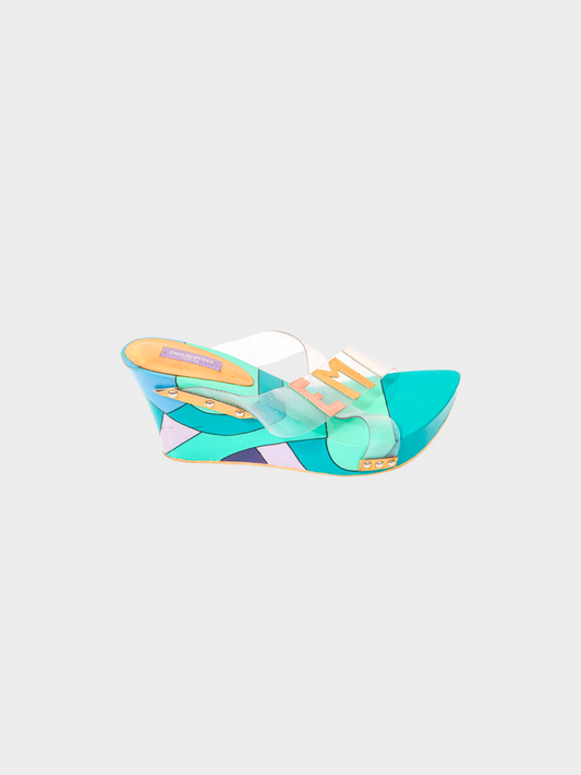 Emilio Pucci 2000s Teal Abstract Platform Wedge Clog Sandals