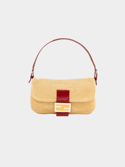 Fendi 2000s Beige and Red Raffia Baguette Bag