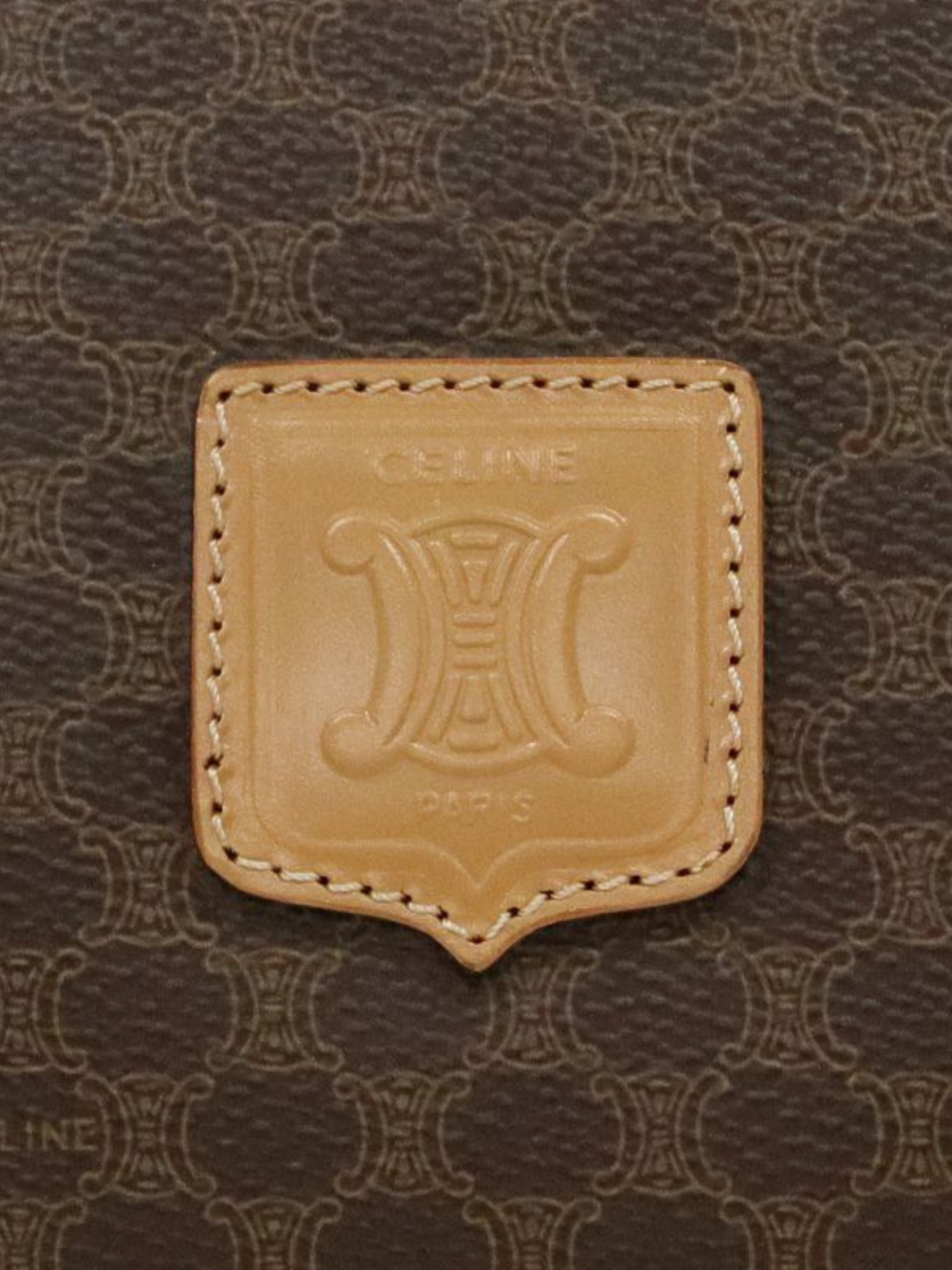 Celine 1990s Brown PVC and Leather Macadam Blazon Embossed Boston Bag