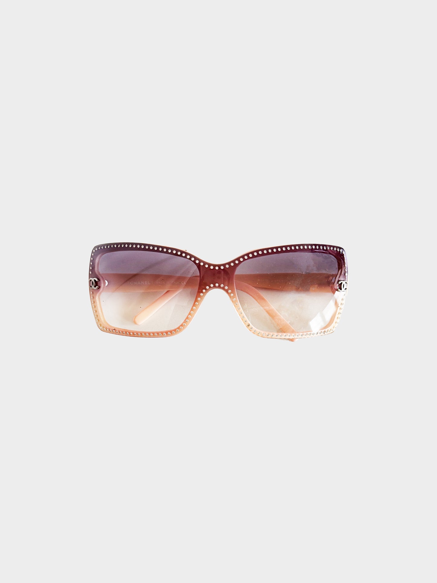 Chanel Early 2000s Pastel Orange Rhinestone CC Rimless Sunglasses