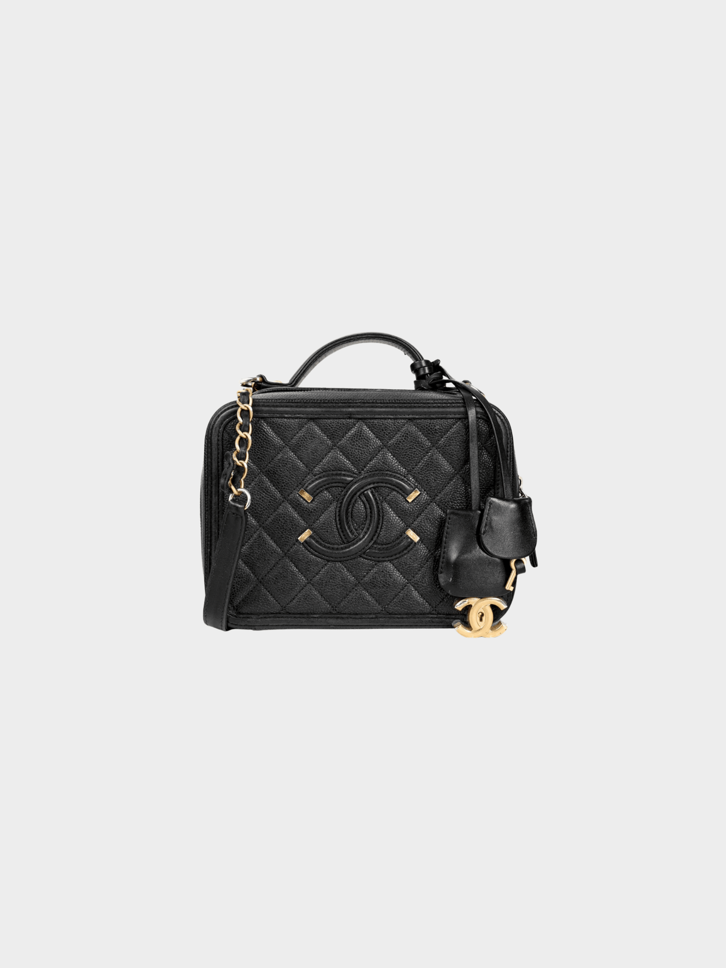 Chanel 2000s Filigree Medium Black Caviar Quilted CC Vanity Case