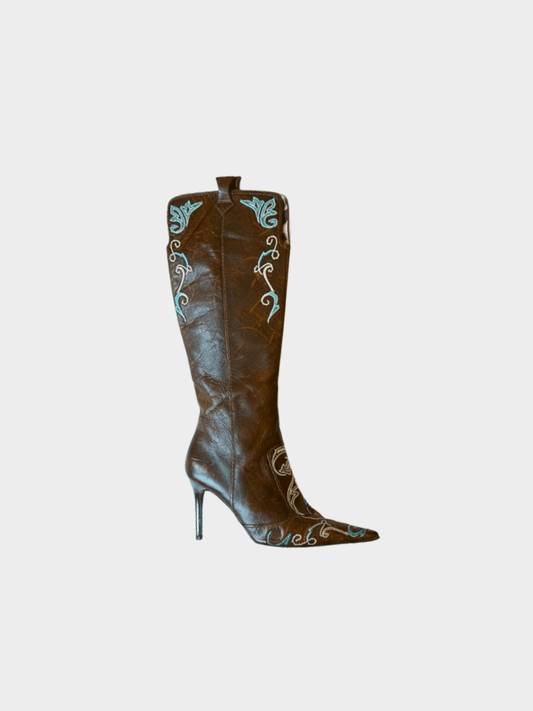 Roberto Cavalli 2000s Brown Leather Embroidered Boots