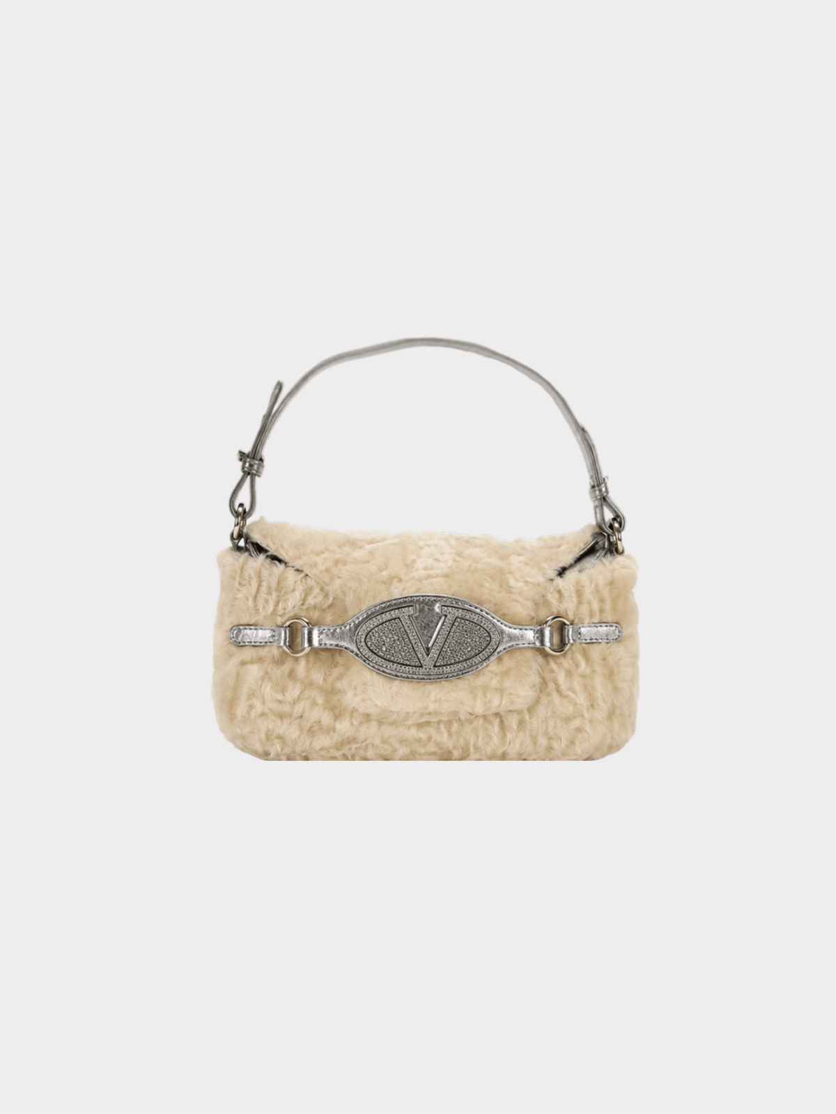 Valentino 2000s Cream Fur Silver Leather Embellished Shoulder Bag