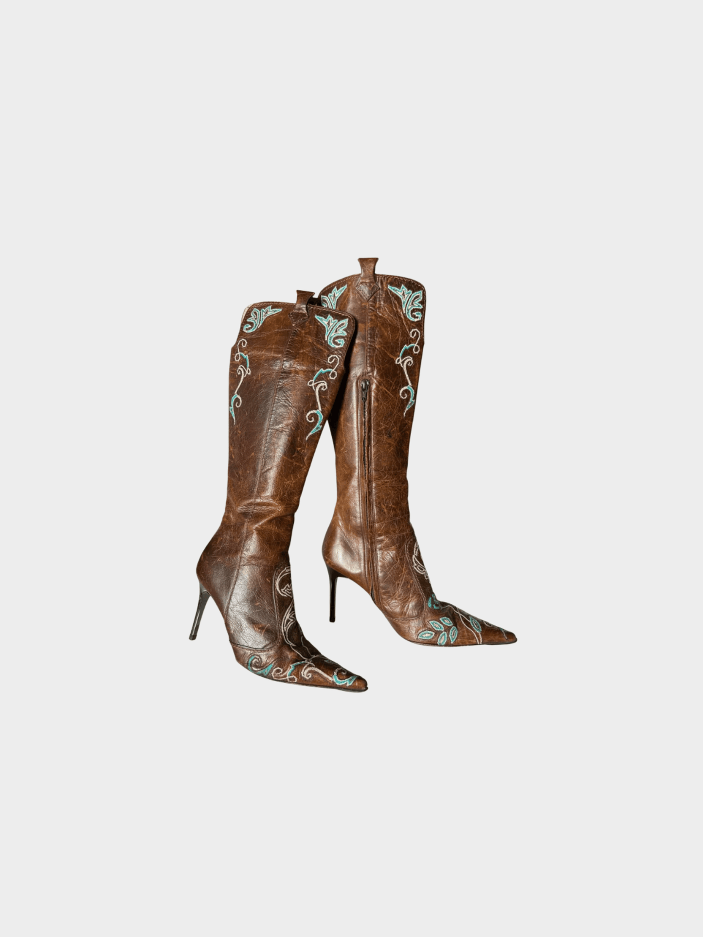 Roberto Cavalli 2000s Brown Leather Embroidered Boots
