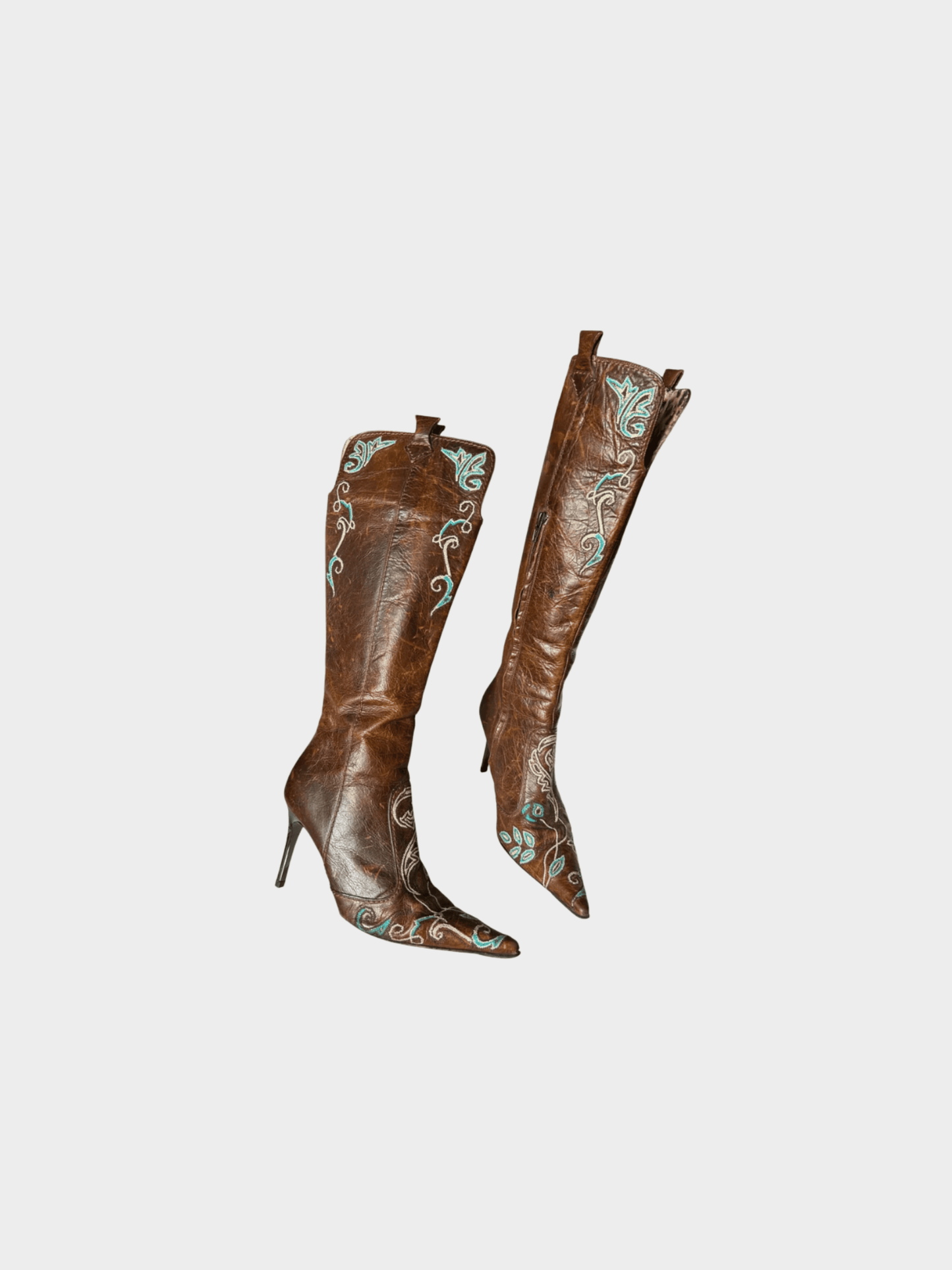 Roberto Cavalli 2000s Brown Leather Embroidered Boots