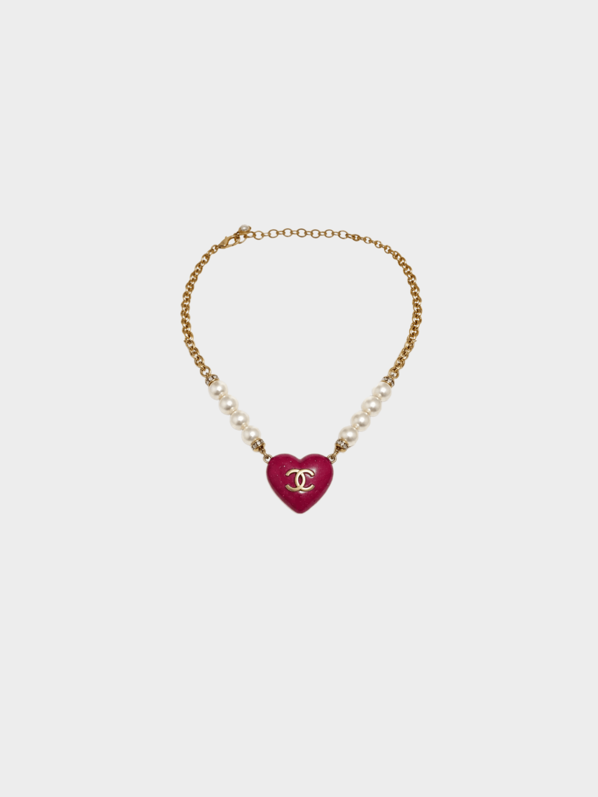 Chanel 2023 Gold CC Pink Heart Pearl Rhinestone Necklace