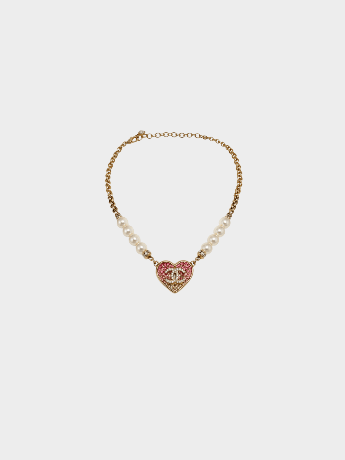 Chanel 2023 Gold CC Pink Heart Pearl Rhinestone Necklace