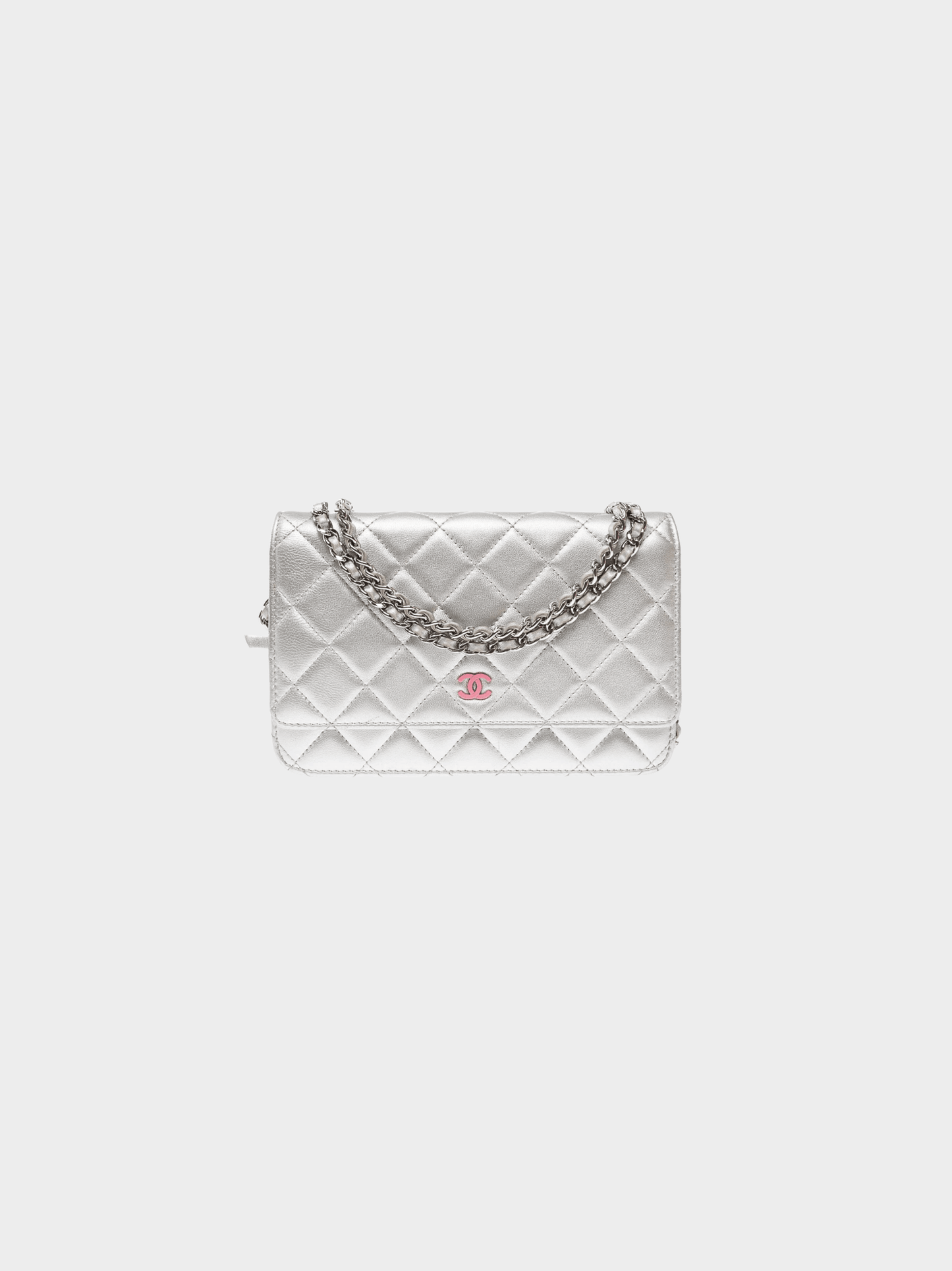 Chanel 2012 Silver Metallic Lambskin Quilted Wallet On Chain Bag