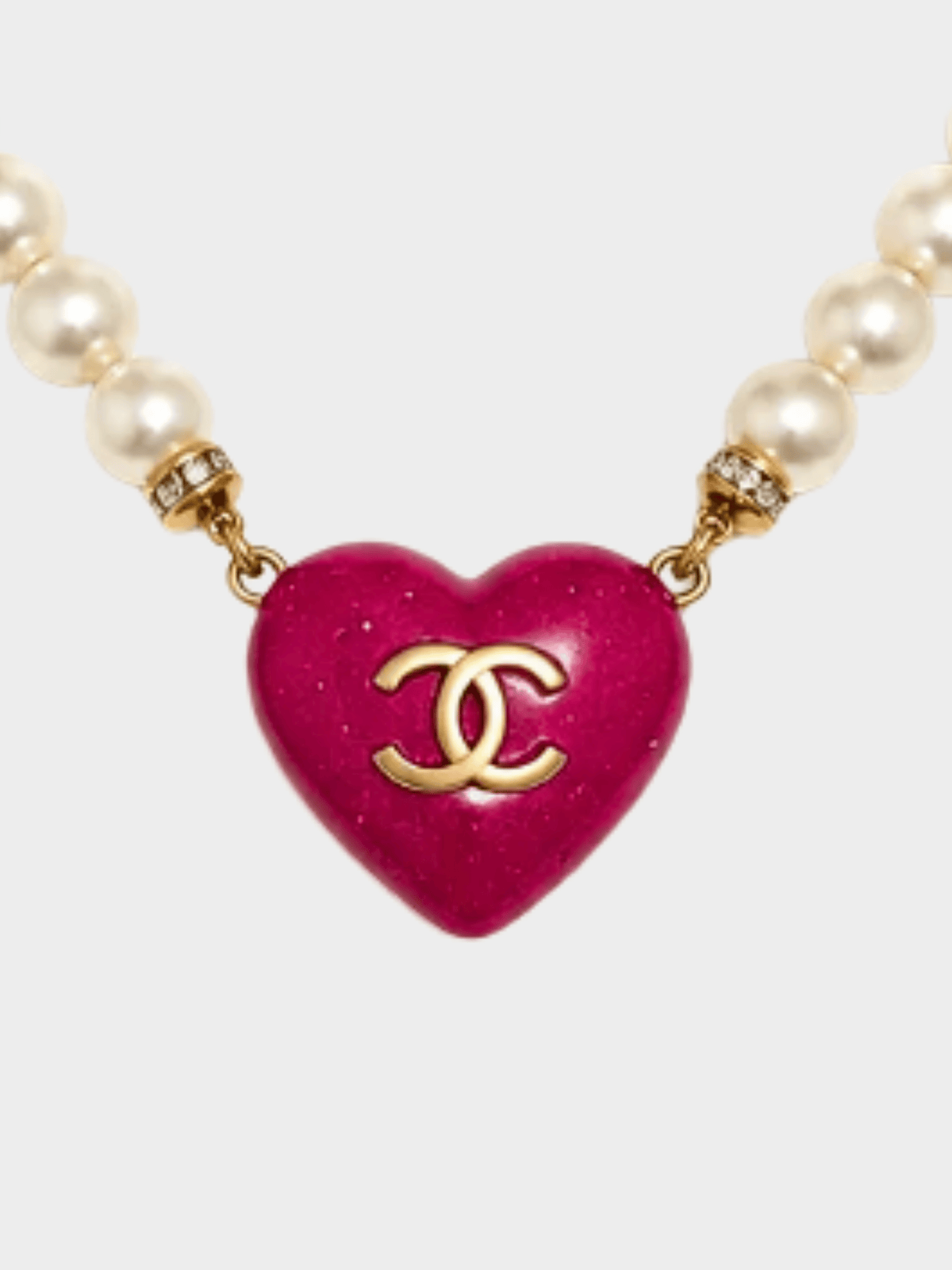 Chanel 2023 Gold CC Pink Heart Pearl Rhinestone Necklace
