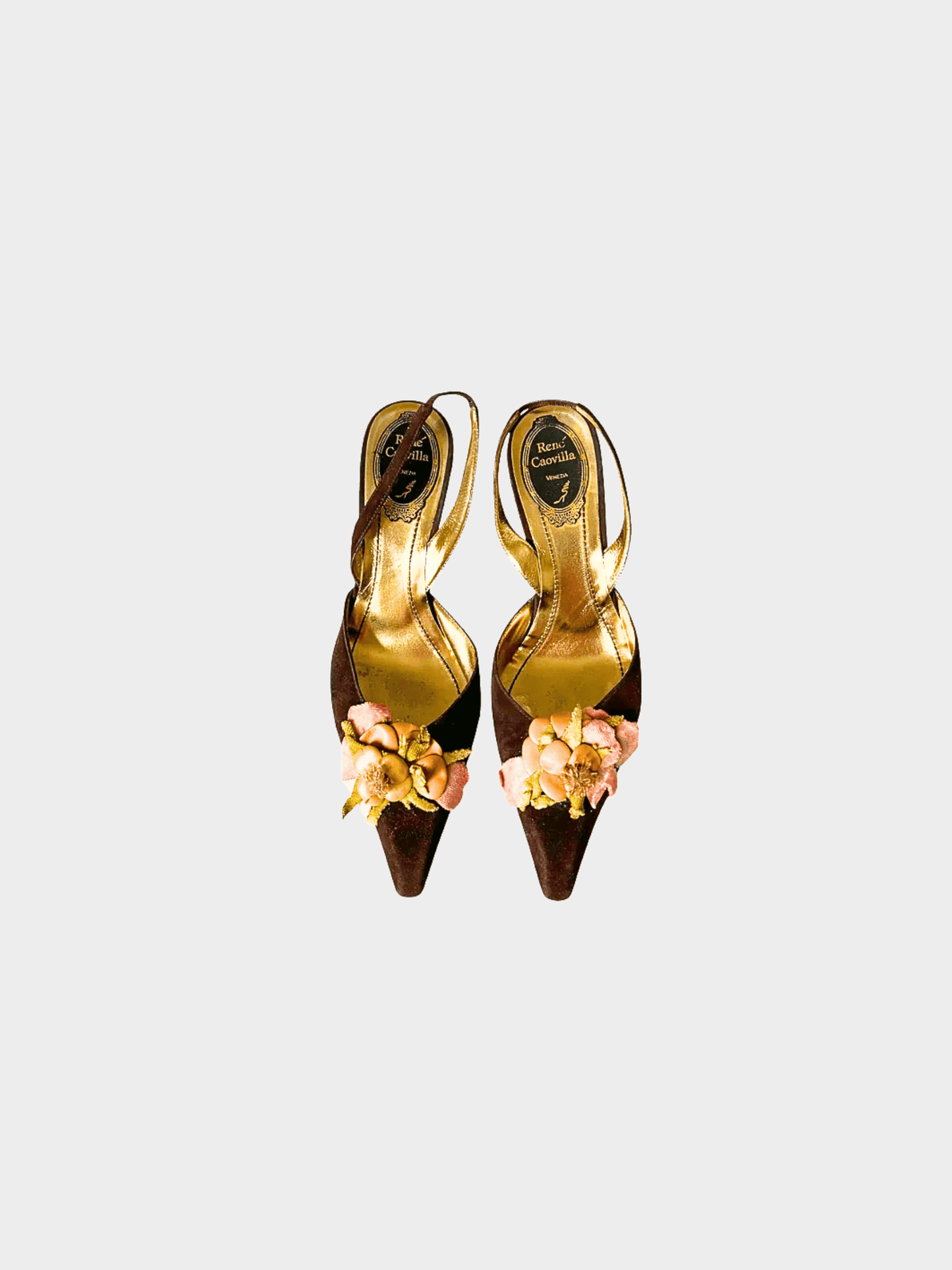 René Caovilla 2000s Brown Suede Floral Slingback Heels
