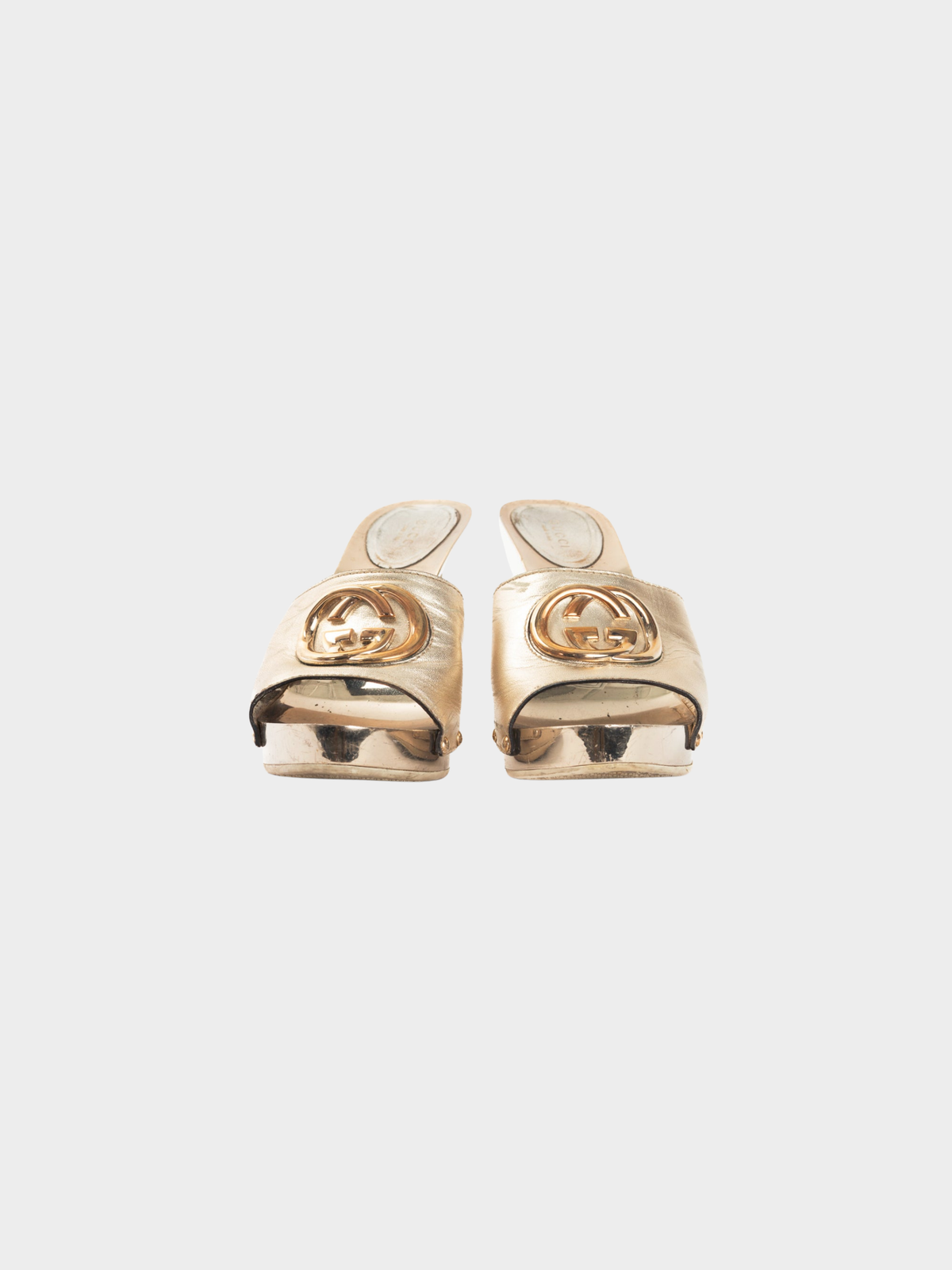 Gucci 2000s Metallic Gold Leather GG Mule Sandals