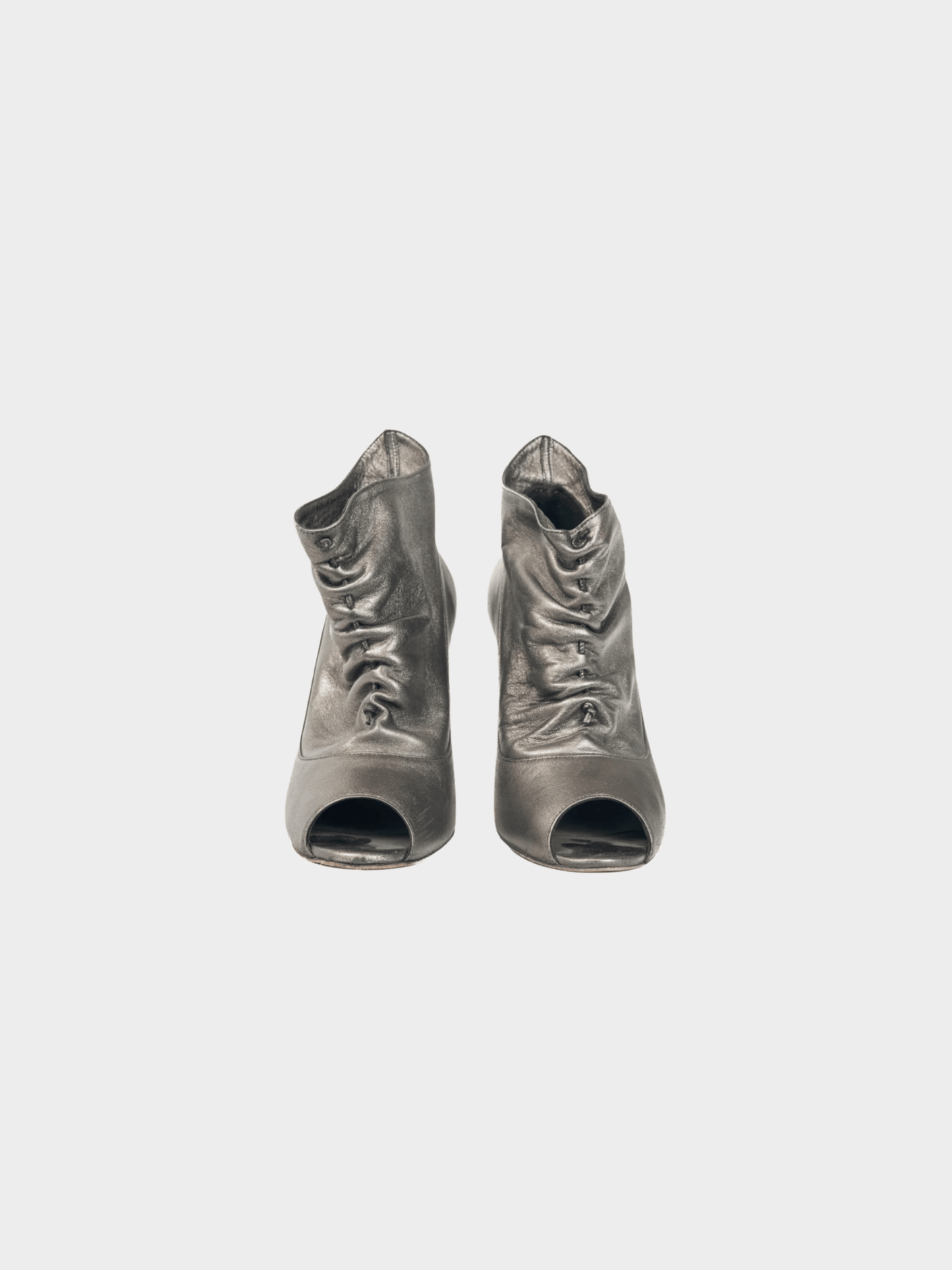 Manolo Blahnik 2010s Repiroz Anthracite Nappa Silk Ruched Peep-Toe Booties