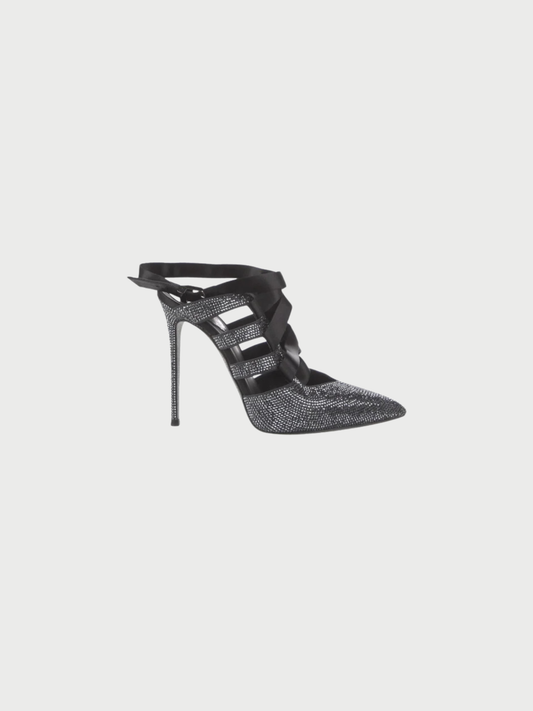 René Caovilla 2000s Grey Crystal Lace Up Heels