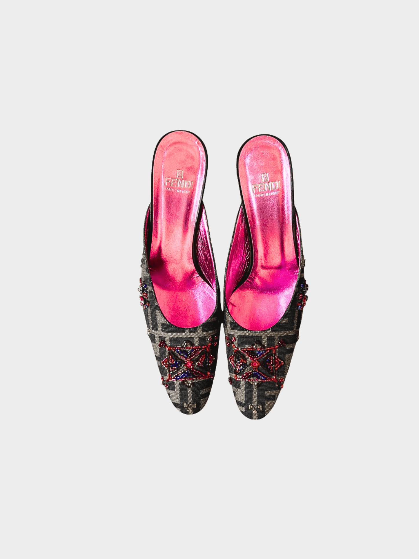 Fendi 2000s Brown Zucca Pattern Embellished Monogram Mules