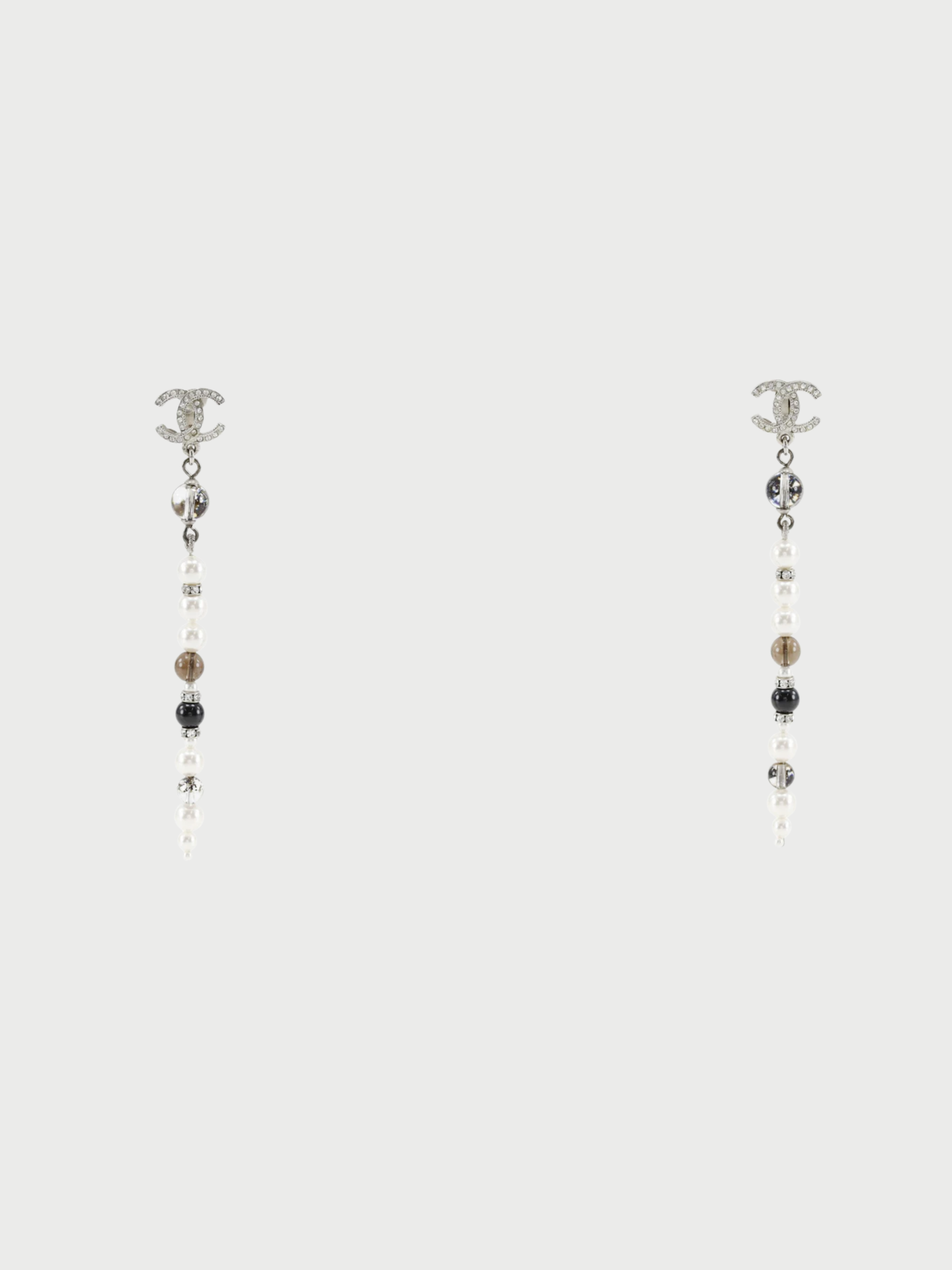 Chanel 2010s Silver Metal Pearl Rhinestone COCO Mark Long Earrings