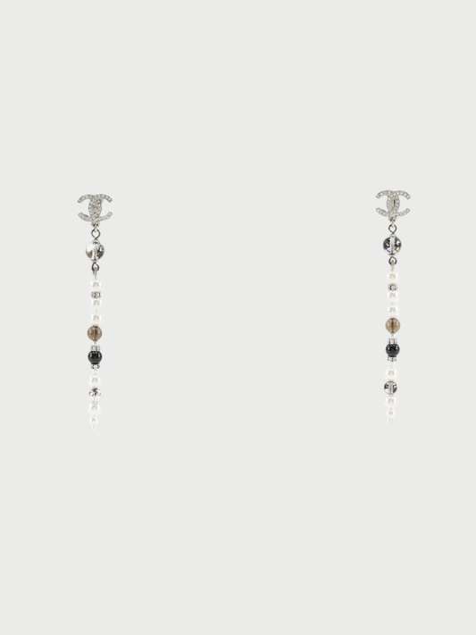 Chanel 2010s Silver Metal Pearl Rhinestone COCO Mark Long Earrings