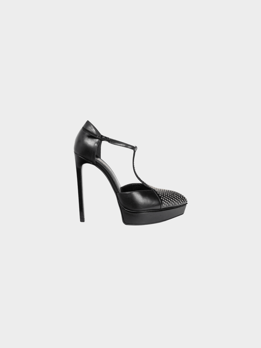 Yves Saint Laurent Classic Janis 105 Black Leather Studded T-Strap Platform Pumps
