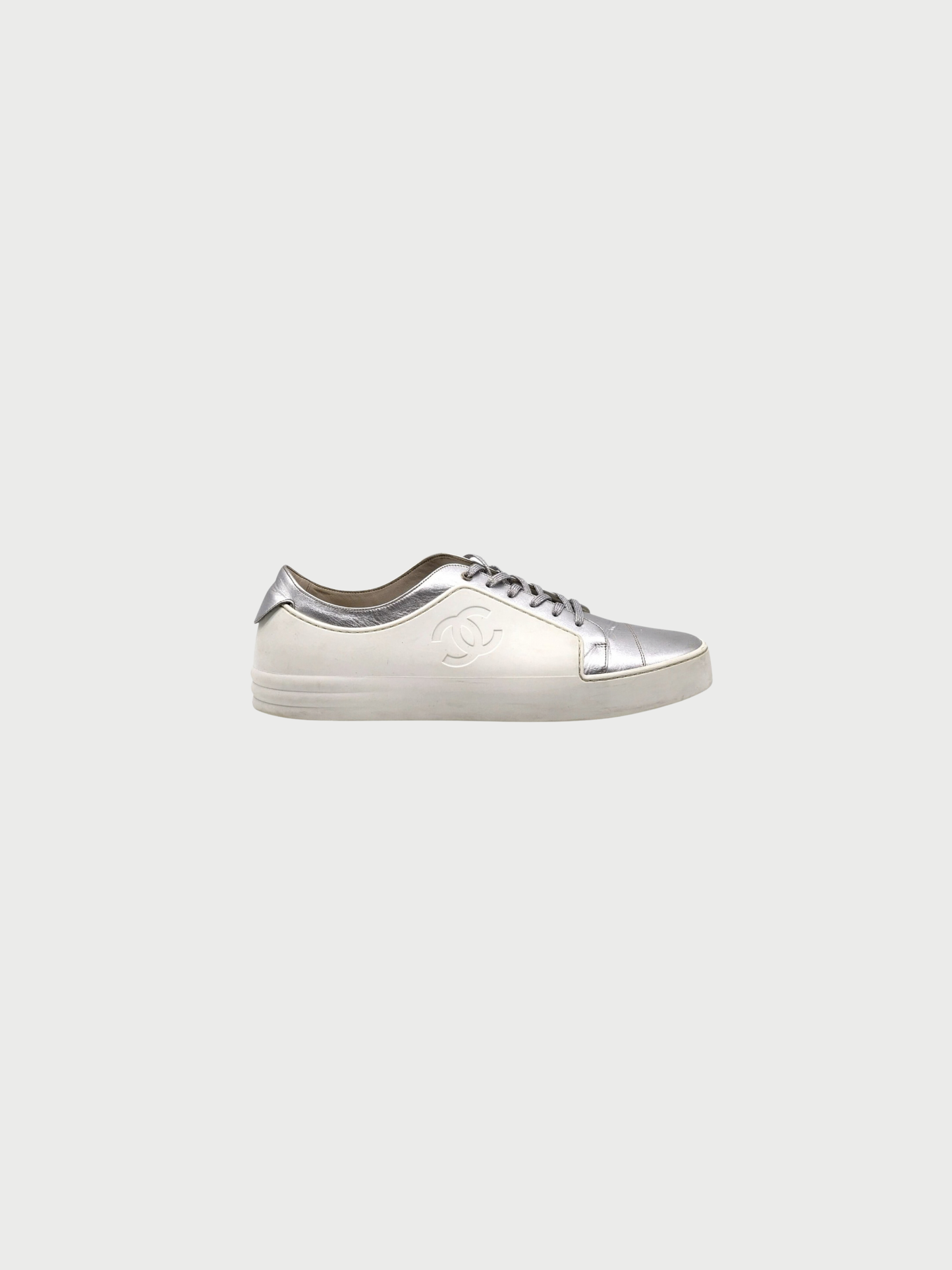 Chanel 2010s White Rubber Silver Leather CC Sneakers