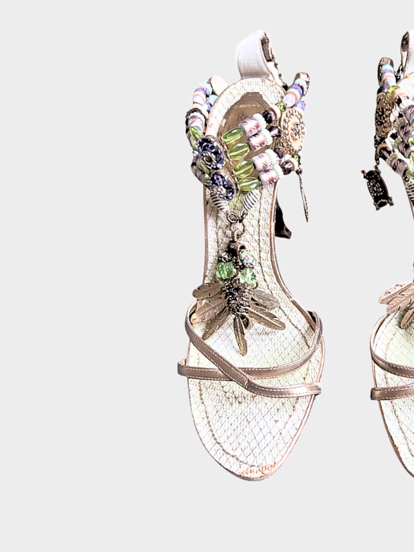 René Caovilla 2000s Rare Metallic Lizard Leather Tropical Heels