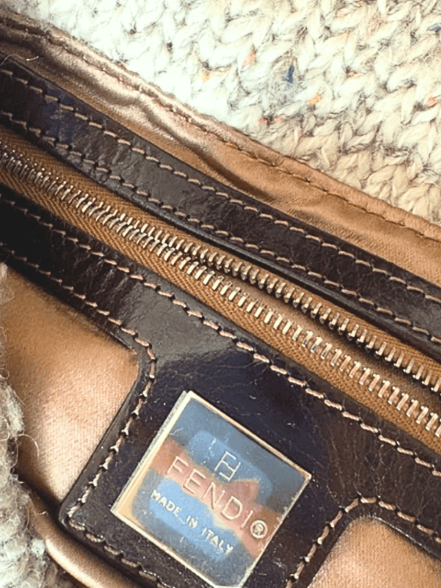 Fendi 2009 Brown Goat Fur Trim Wool Baguette Bag