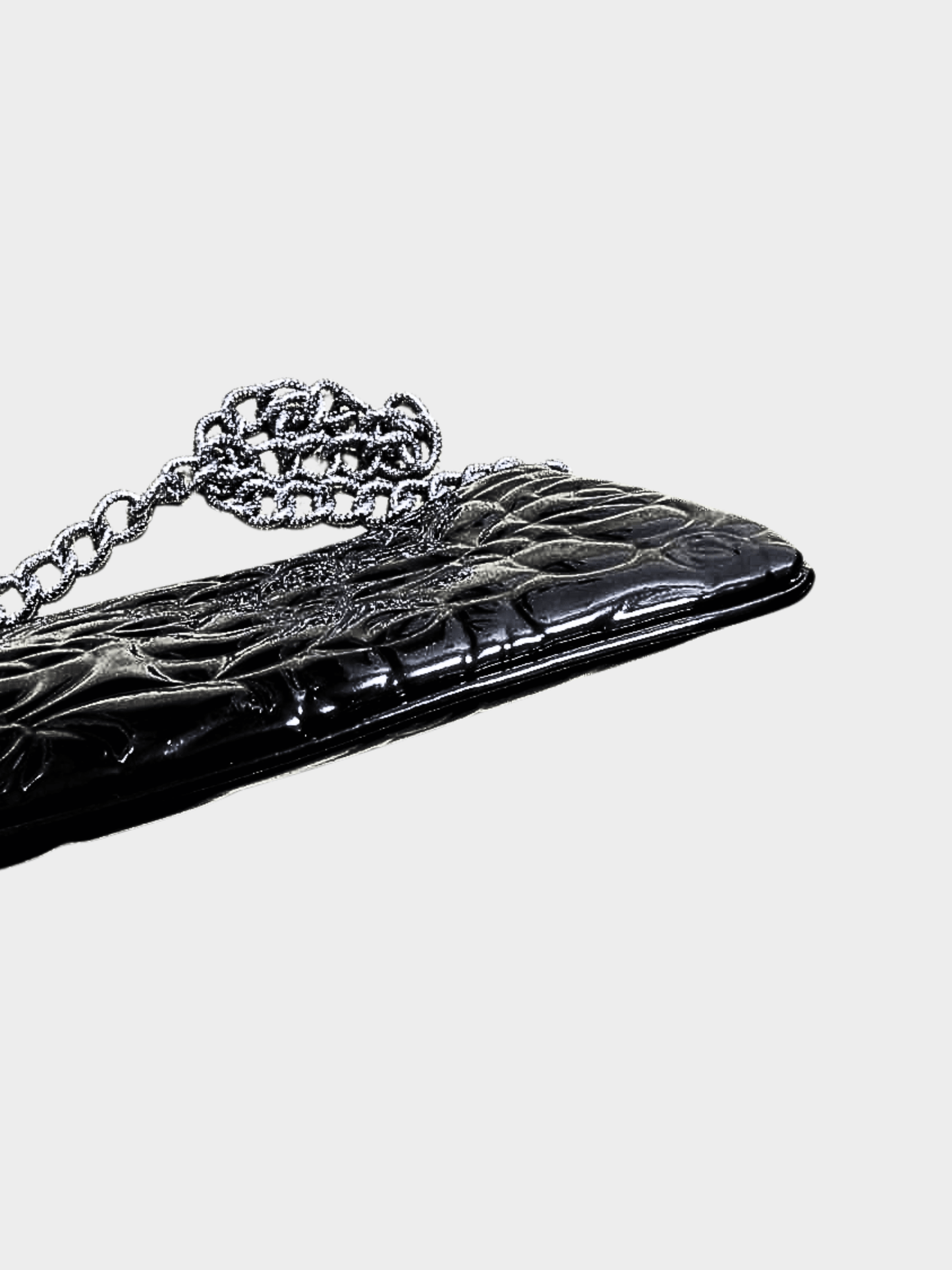 Chanel 2000s Black Camellia Embossed Patent Leather Mini Pochette Bag