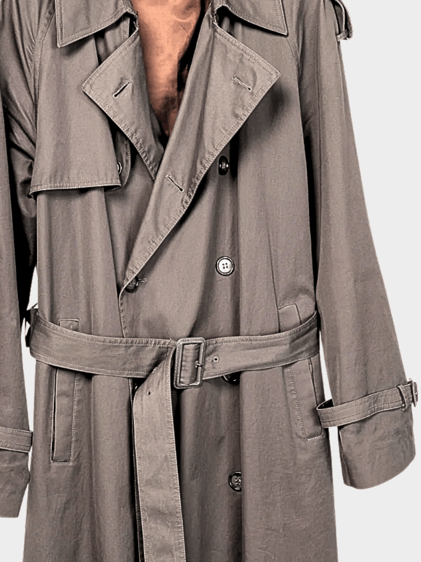 Yves Saint Laurent 2010s Grey Cotton-Twill Double-Breasted Belted Trench Coat