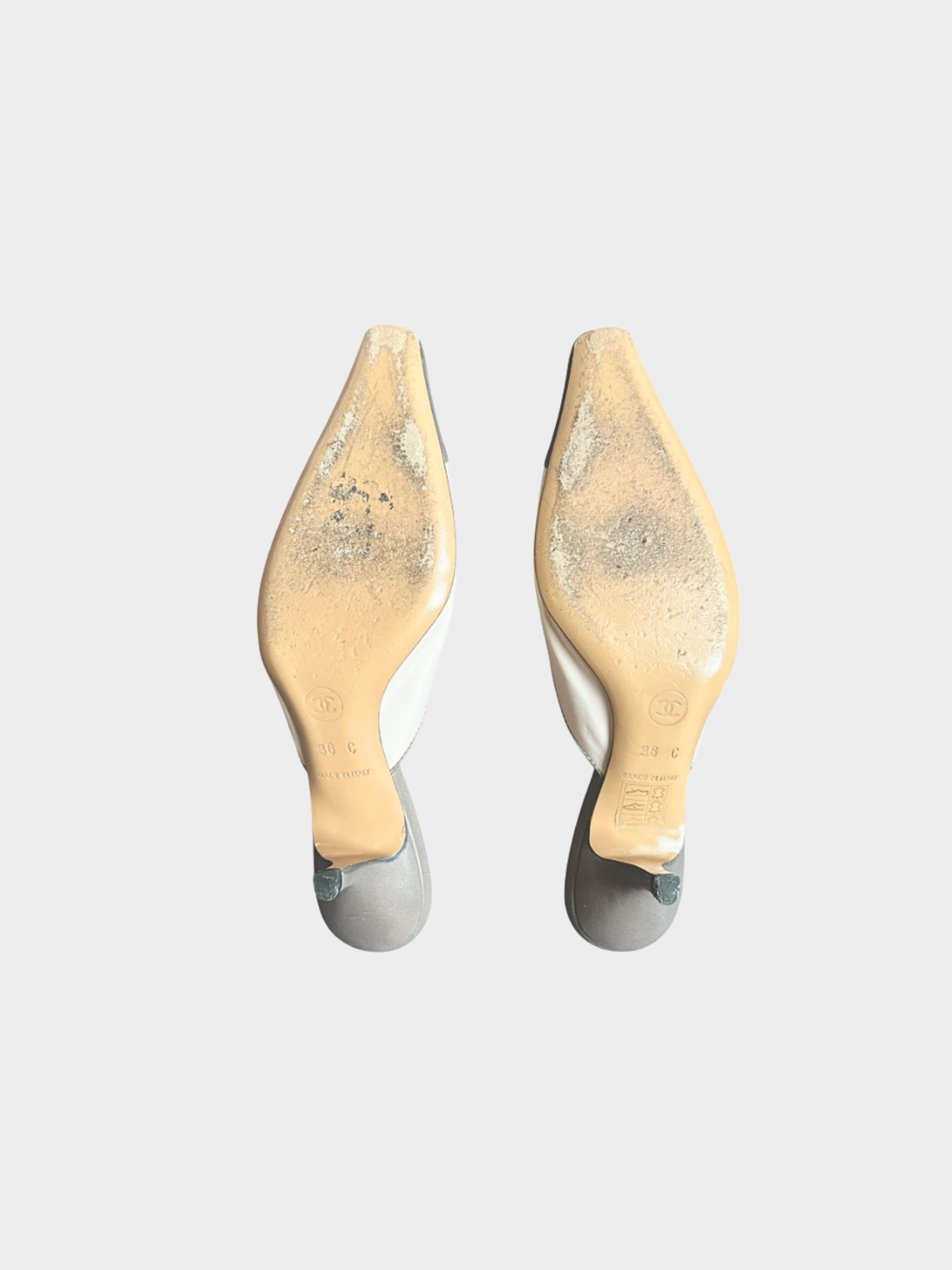 Chanel 2000s Grey and Cream Bow Tie Leather Mules