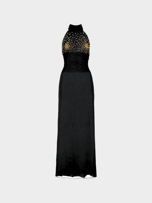 Loris Azzaro 1970s Black Embroidered Halter Dress