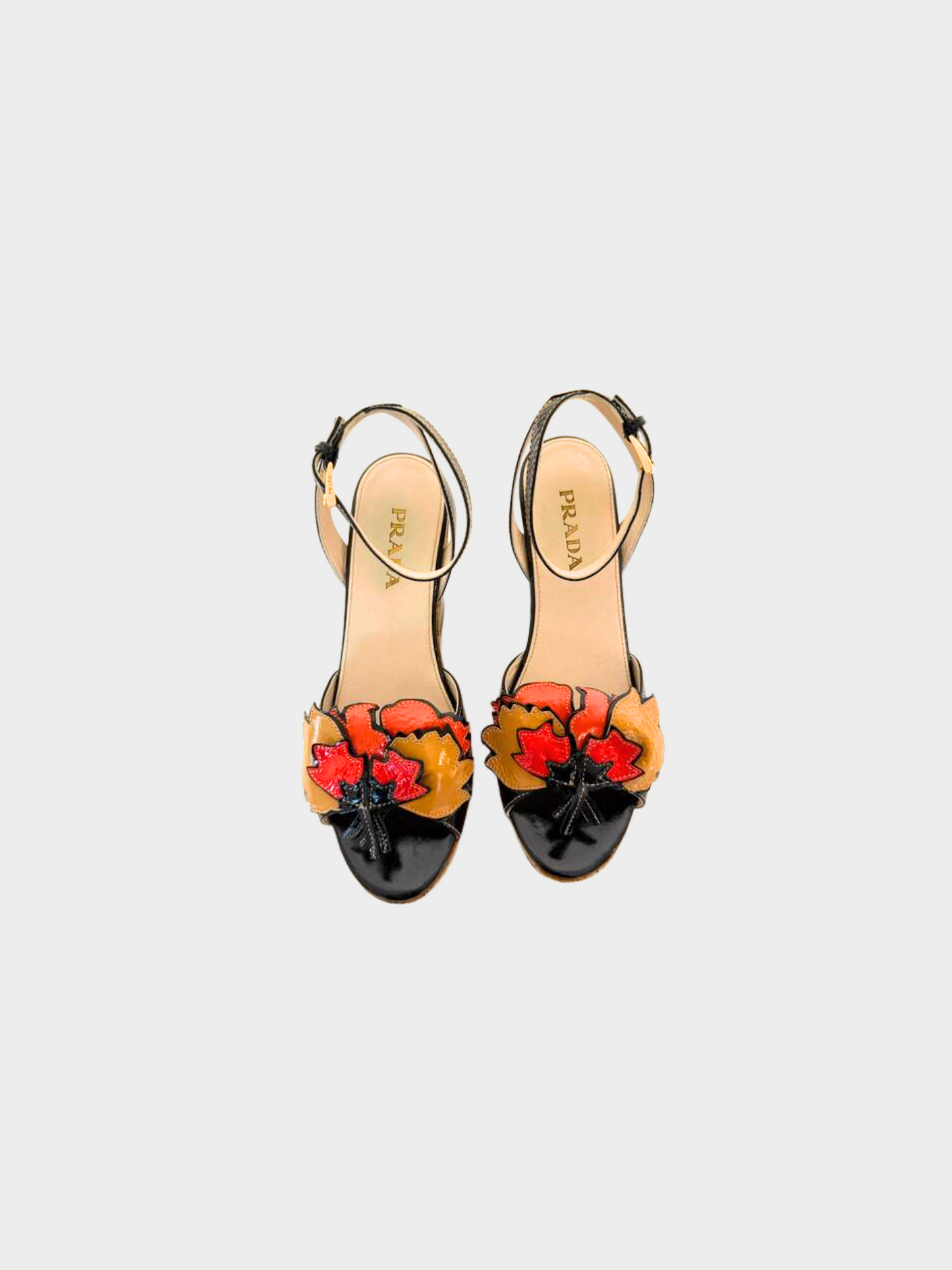 Prada 2000s Black Multicolour Paten Leather Flower Cork Wedge Heels