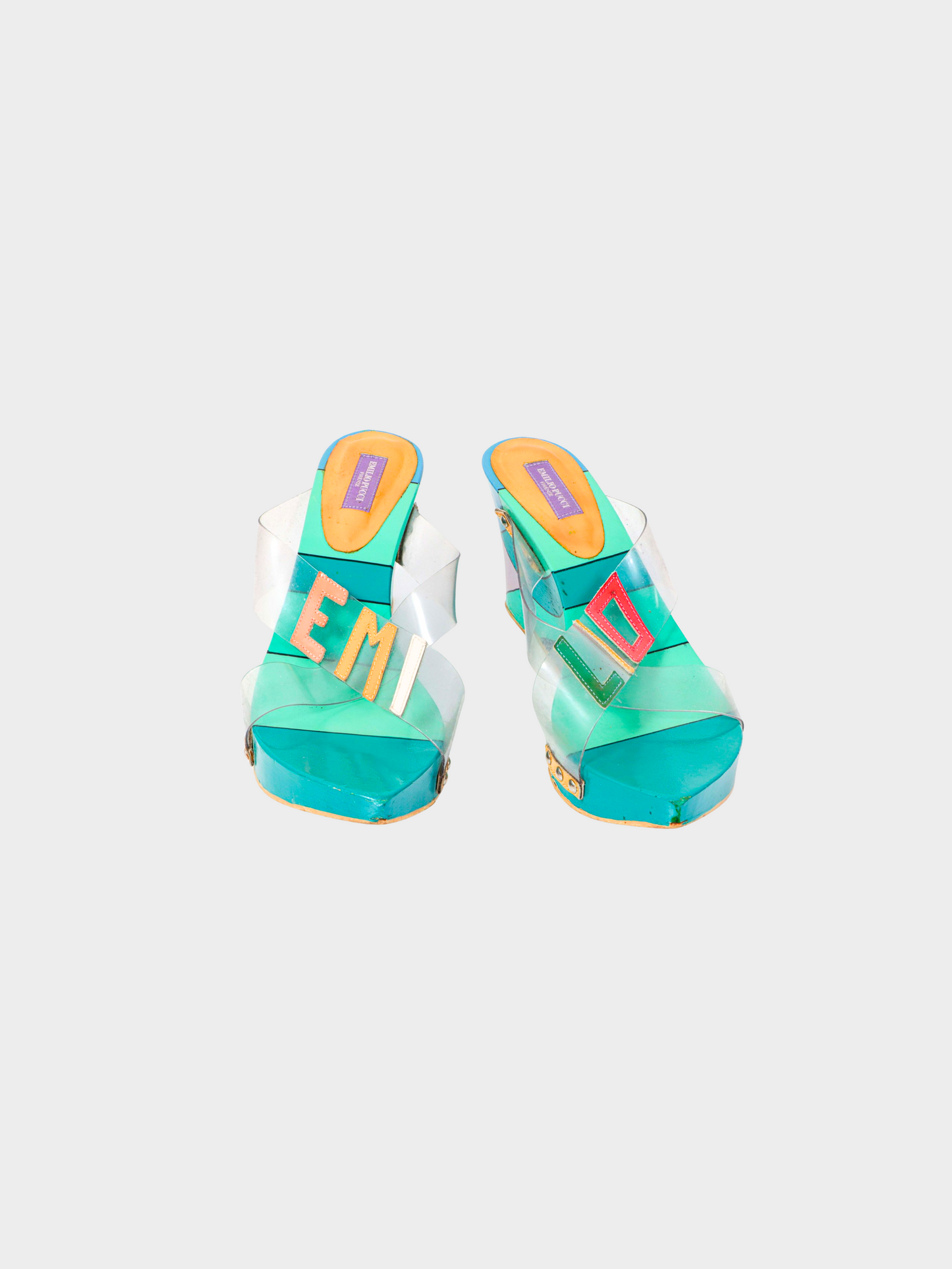 Emilio Pucci 2000s Teal Abstract Platform Wedge Clog Sandals