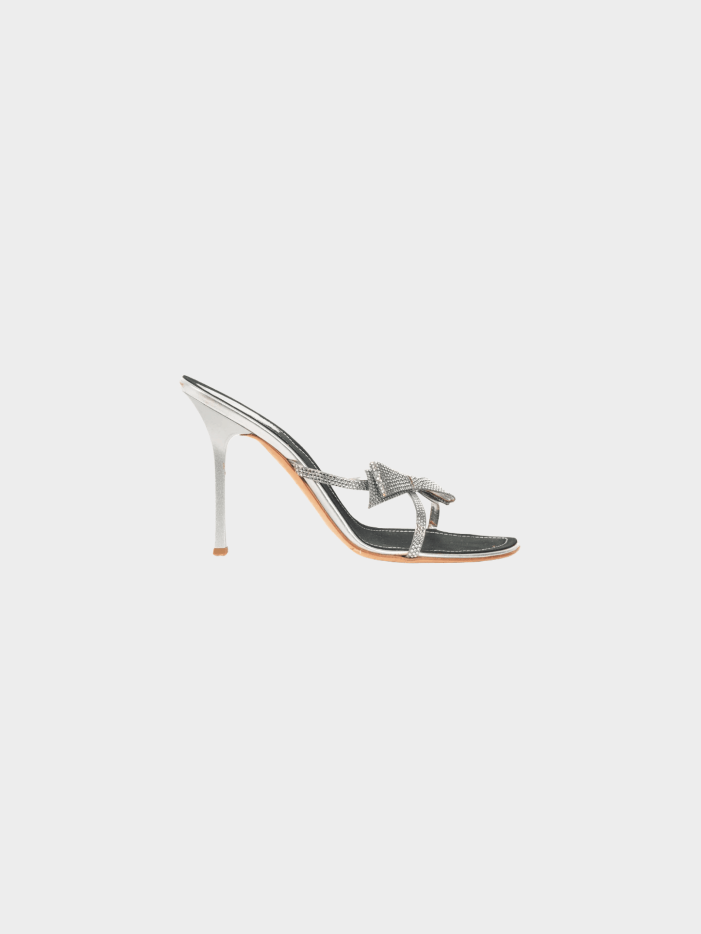 René Caovilla 2000s Silver Rhinestone Bow Mule Sandals