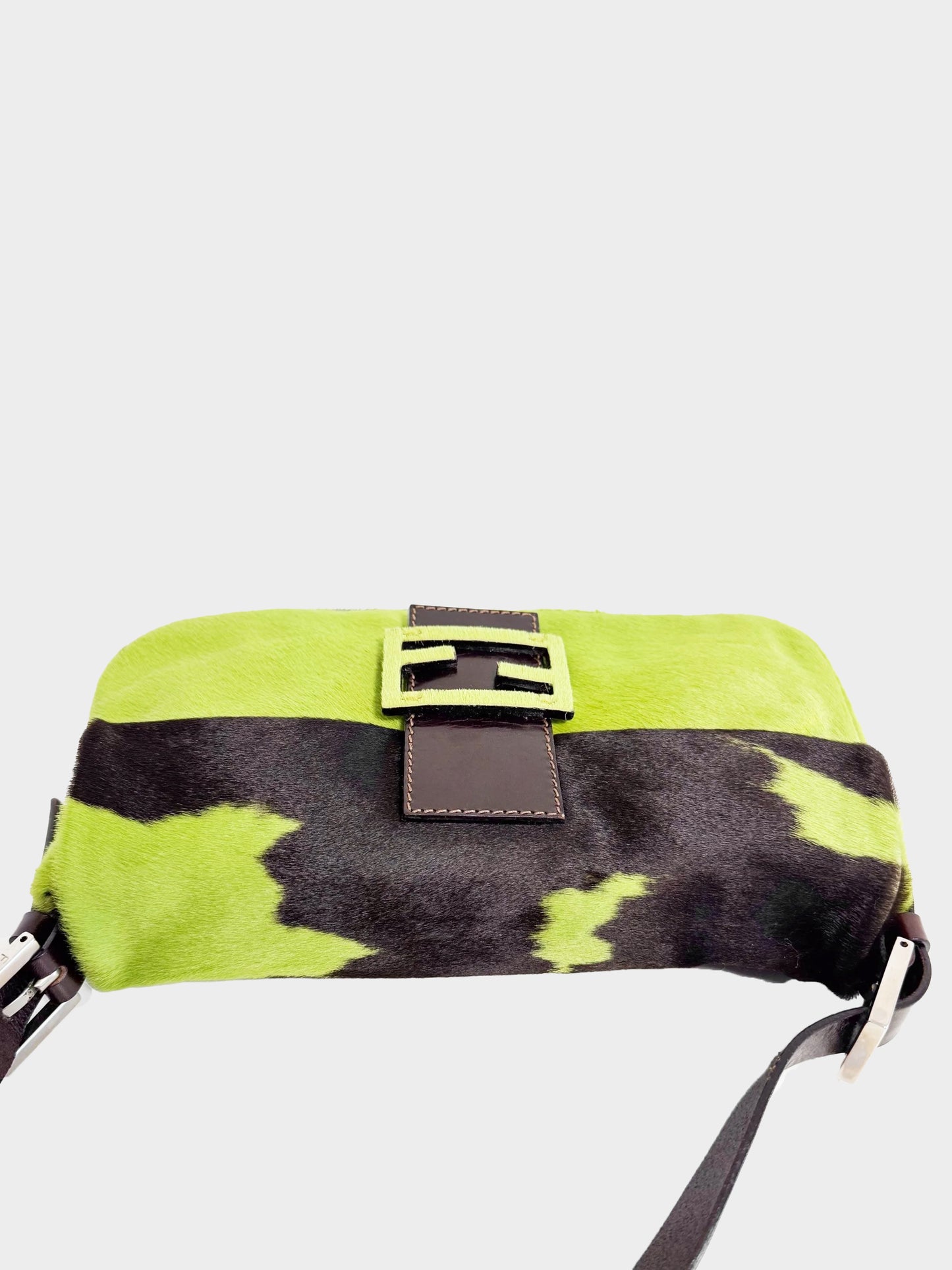 Fendi 2000s Green and Black Pony Hair Cow Print Baguette